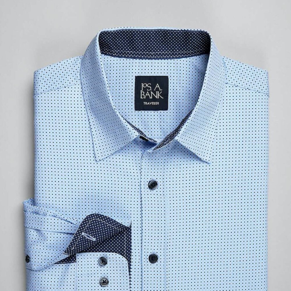 Jos.A.Bank Traveler Coll Tailored Fit FourWay Stretch Dot Geo Sportshirt -.Blue